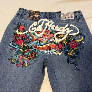 NWT Ed Hardy Heart Dragon Tiger Rose Baggy Light Wash Jeans Size 24